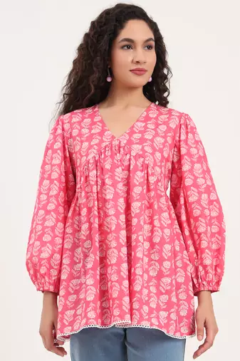 Divena pink floral print cotton fabric regular peplum top