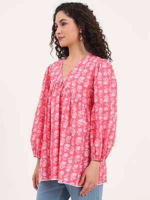 Divena pink floral print cotton fabric regular peplum top 5