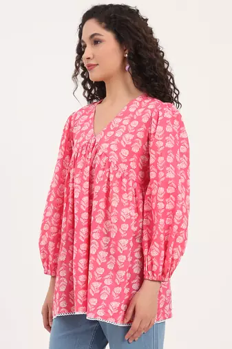 Divena pink floral print cotton fabric regular peplum top