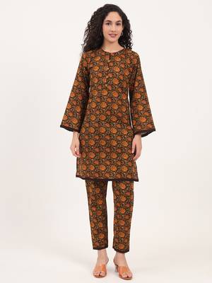 Divena brown floral print cotton fabric straight kurta with trouser 1