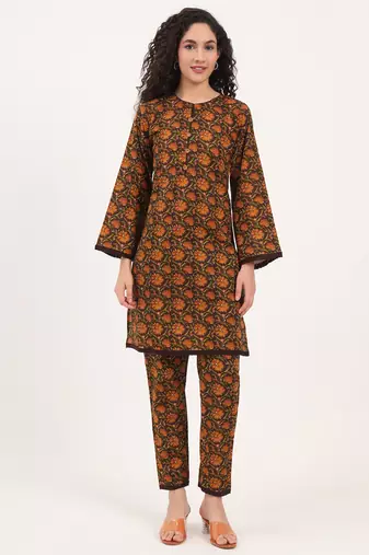 Divena brown floral print cotton fabric straight kurta with trouser