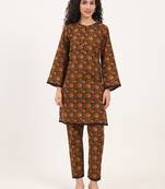 Divena brown floral print cotton fabric straight kurta with trouser