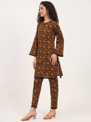 Divena brown floral print cotton fabric straight kurta with trouser 2