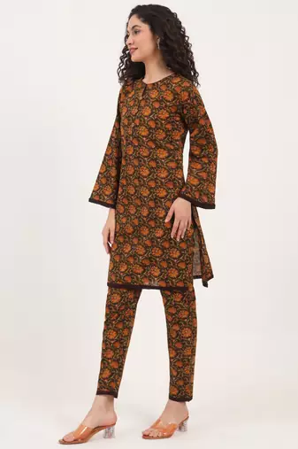 Divena brown floral print cotton fabric straight kurta with trouser