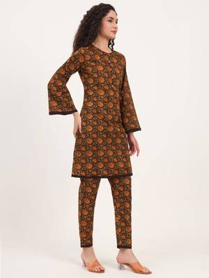 Divena brown floral print cotton fabric straight kurta with trouser 3