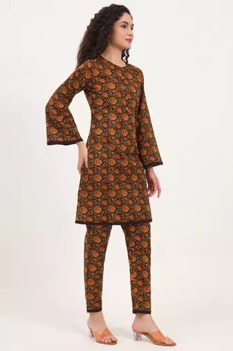 Divena brown floral print cotton fabric straight kurta with trouser