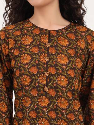 Divena brown floral print cotton fabric straight kurta with trouser 4