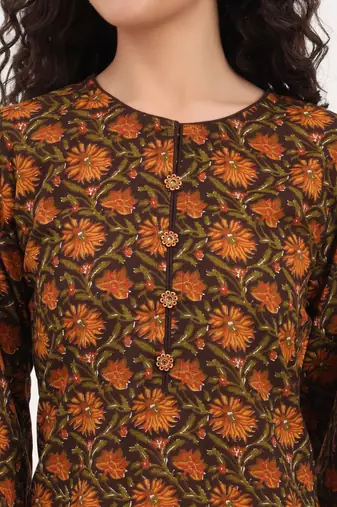 Divena brown floral print cotton fabric straight kurta with trouser
