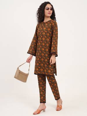 Divena brown floral print cotton fabric straight kurta with trouser 5