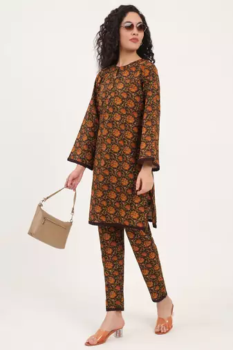 Divena brown floral print cotton fabric straight kurta with trouser