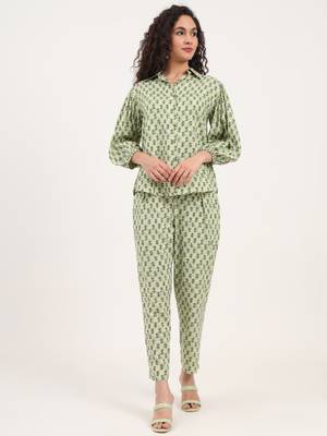 Divena green floral print rayon fabric  shirts pant with crop top three piece set 1