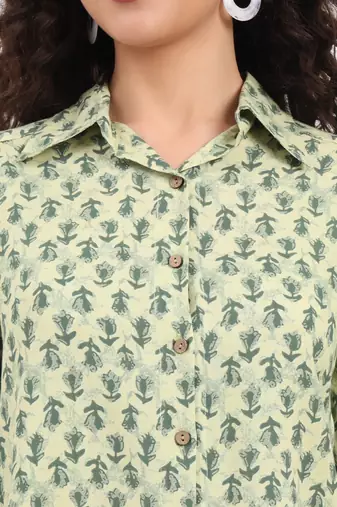 Divena green floral print rayon fabric  shirts pant with crop top three piece set