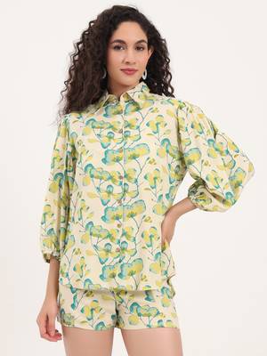 Divena green floral print rayon fabric  shirts shorts with crop top three piece set 1