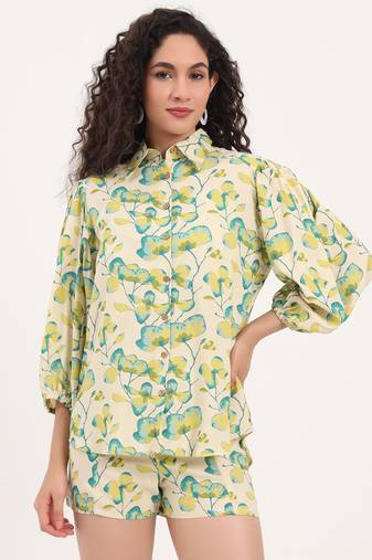Divena green floral print rayon fabric  shirts shorts with crop top three piece set