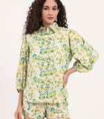 Divena green floral print rayon fabric  shirts shorts with crop top three piece set