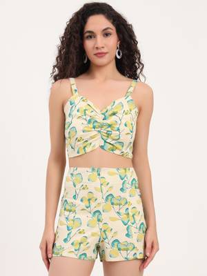 Divena green floral print rayon fabric  shirts shorts with crop top three piece set 2