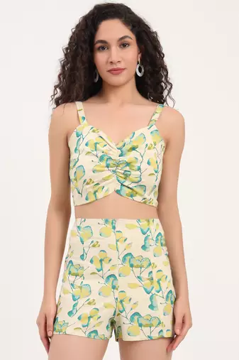Divena green floral print rayon fabric  shirts shorts with crop top three piece set