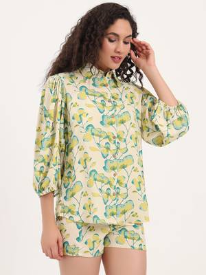 Divena green floral print rayon fabric  shirts shorts with crop top three piece set 3