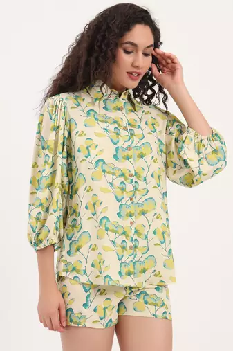 Divena green floral print rayon fabric  shirts shorts with crop top three piece set
