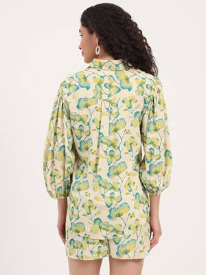 Divena green floral print rayon fabric  shirts shorts with crop top three piece set 4