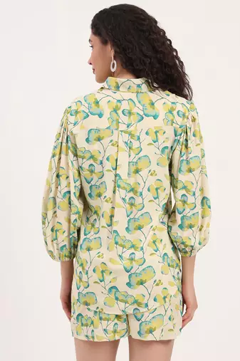 Divena green floral print rayon fabric  shirts shorts with crop top three piece set