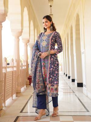 Women blue rayon blend ethnic motifs printed straight kurta trouser with dupatta 1