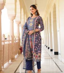 Women blue rayon blend ethnic motifs printed straight kurta trouser with dupatta