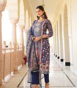 Women blue rayon blend ethnic motifs printed straight kurta trouser with dupatta