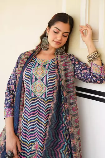 Women blue rayon blend ethnic motifs printed straight kurta trouser with dupatta