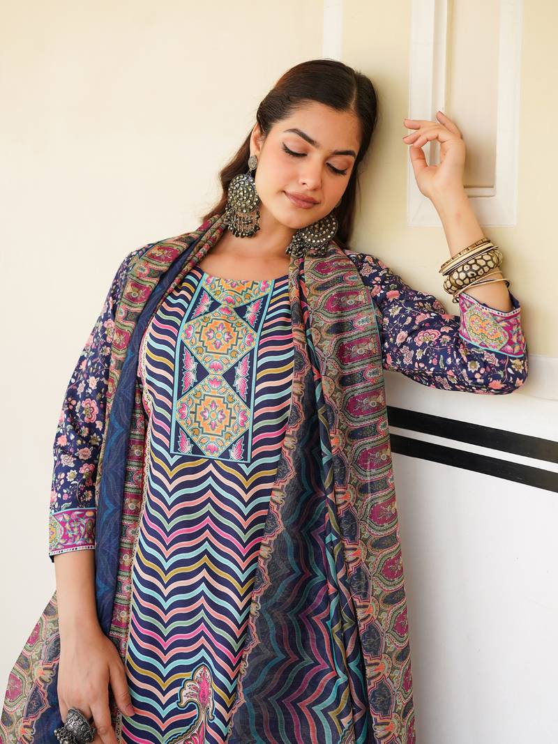 Women blue rayon blend ethnic motifs printed straight kurta trouser with dupatta