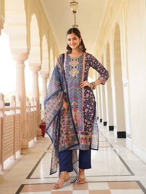 Women blue rayon blend ethnic motifs printed straight kurta trouser with dupatta 3