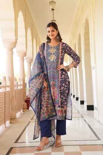 Women blue rayon blend ethnic motifs printed straight kurta trouser with dupatta