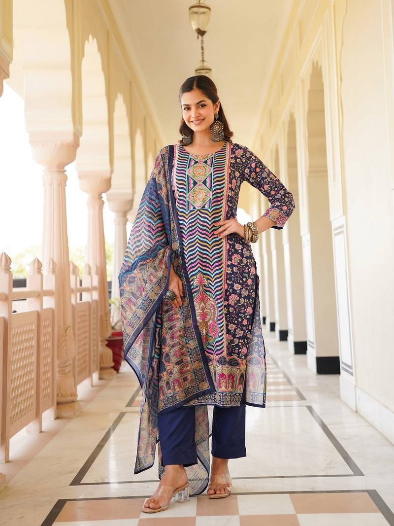 Women blue rayon blend ethnic motifs printed straight kurta trouser with dupatta