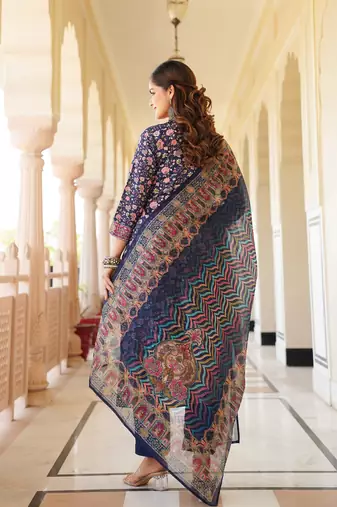 Women blue rayon blend ethnic motifs printed straight kurta trouser with dupatta
