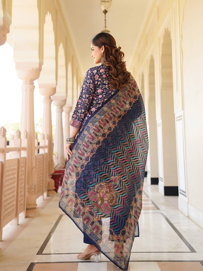 Women blue rayon blend ethnic motifs printed straight kurta trouser with dupatta