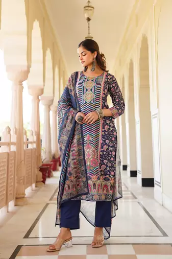 Women blue rayon blend ethnic motifs printed straight kurta trouser with dupatta