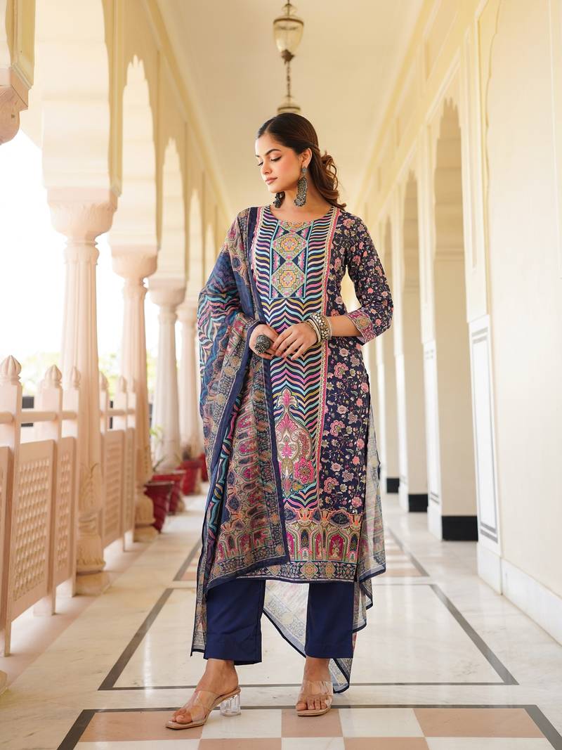 Women blue rayon blend ethnic motifs printed straight kurta trouser with dupatta