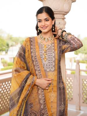 Women yellow rayon blend ethnic motifs printed straight kurta trouser with dupatta 1