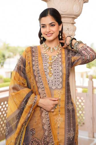 Women yellow rayon blend ethnic motifs printed straight kurta trouser with dupatta