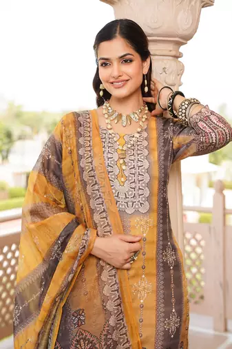 Women yellow rayon blend ethnic motifs printed straight kurta trouser with dupatta