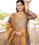 Women yellow rayon blend ethnic motifs printed straight kurta trouser with dupatta