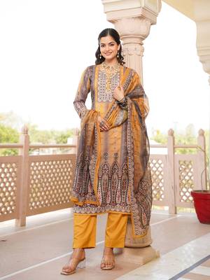 Women yellow rayon blend ethnic motifs printed straight kurta trouser with dupatta 2