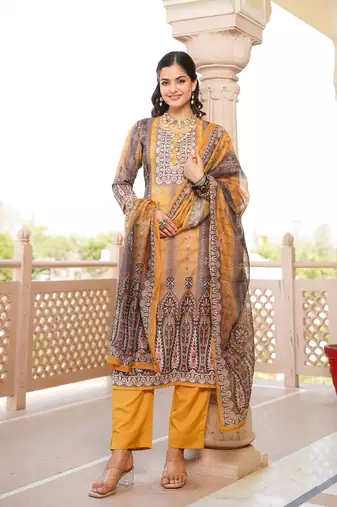 Women yellow rayon blend ethnic motifs printed straight kurta trouser with dupatta