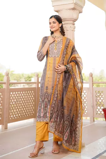Women yellow rayon blend ethnic motifs printed straight kurta trouser with dupatta