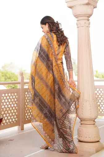Women yellow rayon blend ethnic motifs printed straight kurta trouser with dupatta
