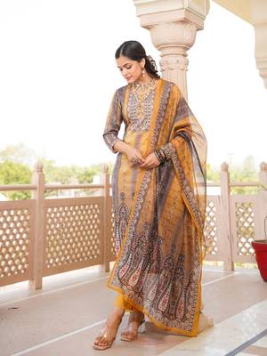 Women yellow rayon blend ethnic motifs printed straight kurta trouser with dupatta 5