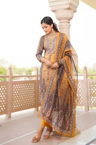 Women yellow rayon blend ethnic motifs printed straight kurta trouser with dupatta