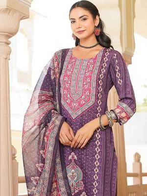 Women purple rayon blend ethnic motifs printed straight kurta trouser with dupatta 1