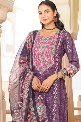 Women purple rayon blend ethnic motifs printed straight kurta trouser with dupatta