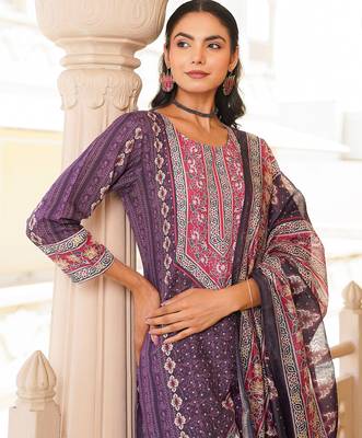 Women purple rayon blend ethnic motifs printed straight kurta trouser with dupatta 2
